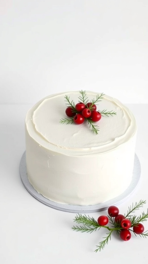 A simple Christmas cake with white frosting, decorated with berries and greenery.